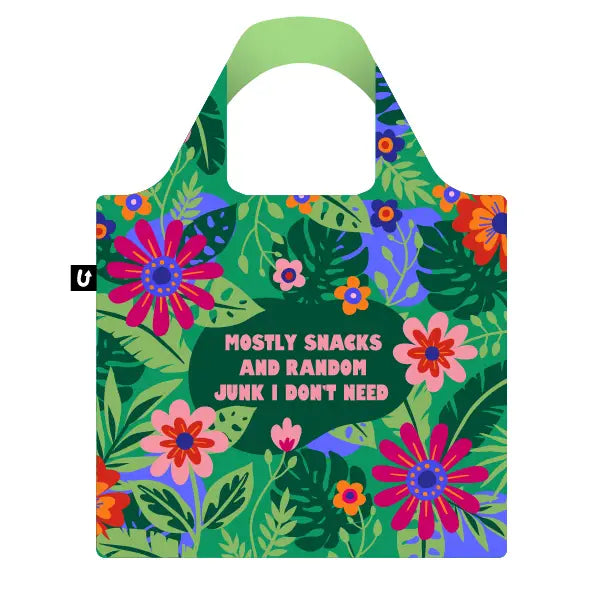 Carry your essentials in style with the Secret Stash Foldable Tote Bag by Blue Dog Posters. Made from recycled PET, it features vibrant floral and leafy designs and bold pink text: "MOSTLY SNACKS AND RANDOM JUNK I DON'T NEED." Sustainable and fun!.