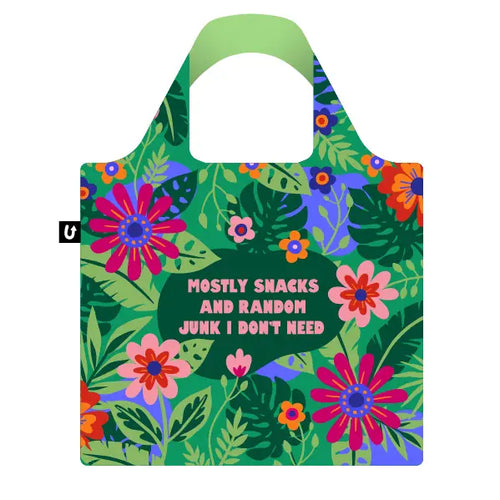Carry your essentials in style with the Secret Stash Foldable Tote Bag by Blue Dog Posters. Made from recycled PET, it features vibrant floral and leafy designs and bold pink text: "MOSTLY SNACKS AND RANDOM JUNK I DON'T NEED." Sustainable and fun!.