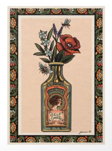 The "Practise Self Care" print by Jessica O from GAL64 features a flower-filled bottle labeled "Practice Self Care." Bees, butterflies, and a floral border enhance its charm. Part of the Gallery Series, it's printed on archival paper for lasting elegance.