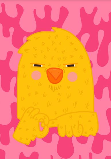 Illustration from the Blue Dog Posters' Little Art series titled "Sexy Bird" by Badbroidery, featuring a yellow, fluffy cartoon bird with red eyes and a large orange beak, standing with its wings crossed. The background showcases a pink, abstract pattern resembling paint splatters or camouflage. Ideal for Mini prints in Deluxe Postcard Frames.
