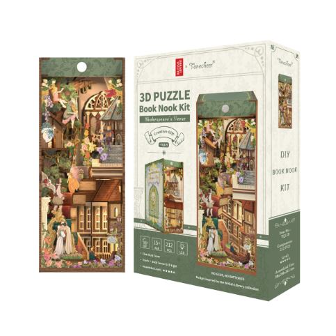 The Shakespears' Verse Large Book Nook by Blue Dog Posters is a 3D puzzle kit featuring a detailed Shakespearean love scene with figures, buildings, and greenery. The box shows the finished design and includes assembly instructions.