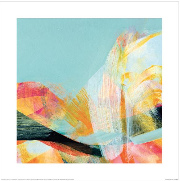 The Claire Chandler (In the Shallows) art print by Blue Dog Posters showcases vibrant brushstrokes of orange, yellow, pink, and blue against a light blue background. As part of the Decor Series Collection, its dynamic strokes form an energetic landscape on premium quality matte art paper.