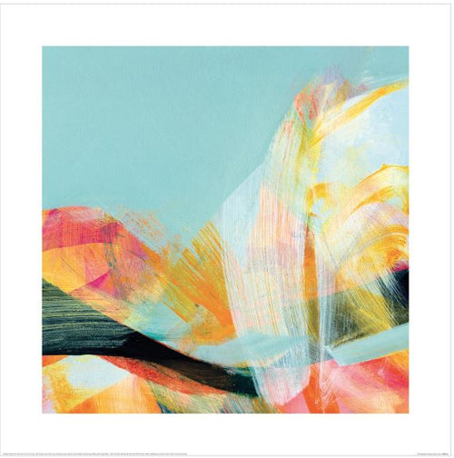 The Claire Chandler (In the Shallows) art print by Blue Dog Posters showcases vibrant brushstrokes of orange, yellow, pink, and blue against a light blue background. As part of the Decor Series Collection, its dynamic strokes form an energetic landscape on premium quality matte art paper.