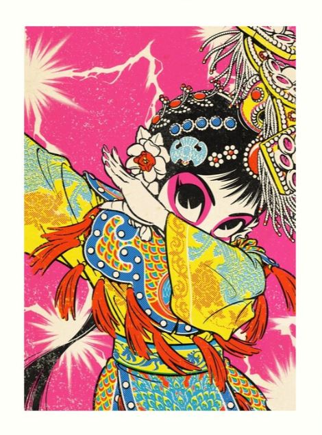 Colorful illustration of a person in striking traditional Chinese opera attire against a pink background from "She Dabs a Little" by Plastered 8. The person is posed with one arm extended, featuring intricate headgear adorned with flowers, beads, and decorative elements, and wearing an ornate patterned robe. A vibrant piece befitting any Gallery Series from Blue Dog Posters.