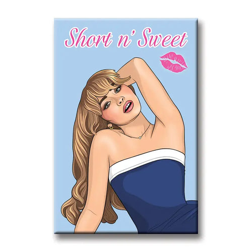 The Blue Dog Posters Sabrina Short n Sweet Magnet features an illustration of a blonde woman in a strapless blue dress, posing with one arm behind her head on a blue backdrop, with "Short n' Sweet" and a pink lipstick kiss mark above.