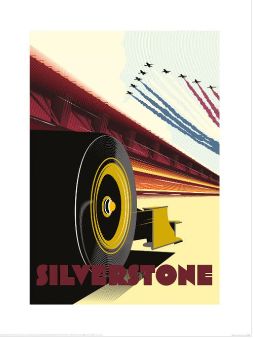 The Blue Dog Posters' Zoom F1 (Silverstone) art print features a striking close-up of a race car’s wheel and front wing with "Silverstone" prominently inscribed at the bottom. Jets fly in formation, leaving trails of red, white, and blue smoke against a stylized sky. As part of our Small Decor Series, it is printed on premium quality matte art paper.