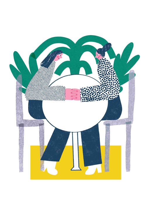 Simple Connection by Dani Stacey, available at Blue Dog Posters, features two dark-haired people in patterned clothing seated at a round table touching hands, with a large green plant behind them. Printed on premium quality paper.