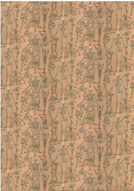 The Blue Dog Posters' "Skeletons Poster Wrap" features a whimsical and artistic design with an array of skeletons in various playful poses printed on a brown background. These skeletons engage in dynamic activities such as dancing, stretching, and interacting with each other, making this charming decorative paper perfect for unique gift wrapping.