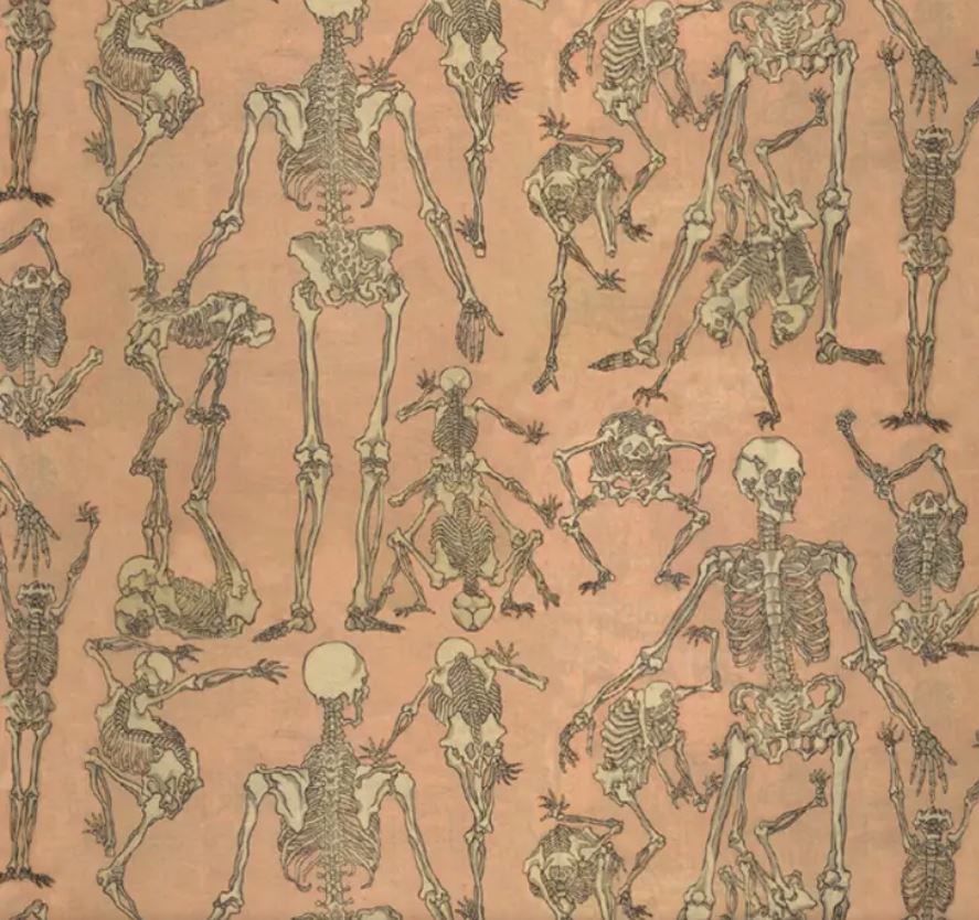 The "Skeletons Poster Wrap" by Blue Dog Posters features a lively pattern of animated skeletons in various dynamic poses on a tan background, creating an energetic and whimsical visual effect. This design is ideal for decorative paper or gift wrap, adding a playful touch to any occasion. Additionally, it's printed on acid-free paper to ensure longevity.