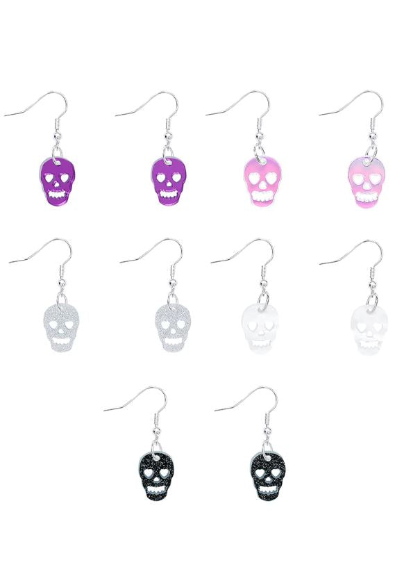 A collection of ten Skull Charm Earrings, each featuring a distinctive skull-shaped charm. These Blue Dog Posters earrings come in five vibrant colors: two purple mirror, two pink, two silver, two white, and two black. The earrings are neatly arranged in a grid against a pristine white background.