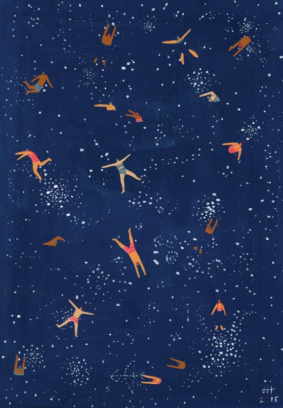Sky Swim by Helo Birdie, from GAL123, features illustrations of people floating in a dark blue starry night sky. Dressed casually, with some wearing striped shirts, this art print by a featured artist conveys weightlessness and dream-like space exploration.