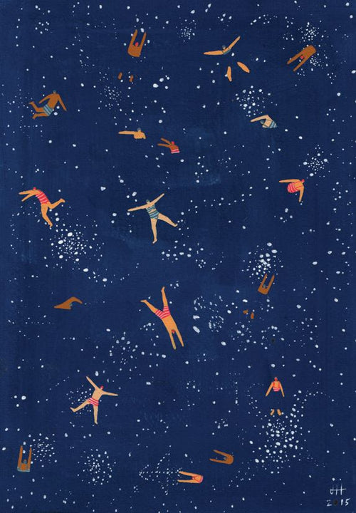 Sky Swim by Helo Birdie, from GAL123, features illustrations of people floating in a dark blue starry night sky. Dressed casually, with some wearing striped shirts, this art print by a featured artist conveys weightlessness and dream-like space exploration.