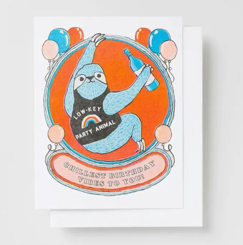 Introducing the Sloth Bday Party Risograph Card from Blue Dog Posters: This eco-friendly birthday card features an adorable illustration of a smiling sloth, dressed in a black tank top emblazoned with "LOW-KEY PARTY ANIMAL." The sloth is holding a bottle and surrounded by vibrant balloons. Below the sloth, a banner reads "CHILLEST BIRTHDAY VIBES TO YOU!" Printed with veggie-based inks on recycled paper, it's the perfect way to celebrate sustainably.
