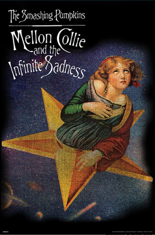 The MUS 252 Smashing Pumpkins' "Mellon Collie and the Infinite Sadness" album cover, a must-have for any music collection, showcases an art nouveau style illustration of a wistful woman in Renaissance clothing, appearing from a golden star against a starry, blue night sky.