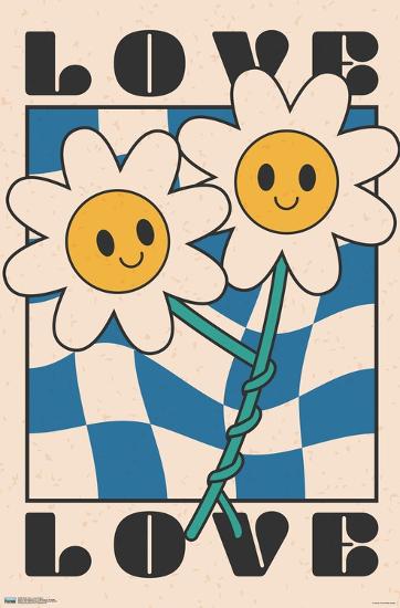 Description: The Smile Face Love Flowers by ART 093 features an illustration of two smiling daisies with yellow centers and white petals set against a blue wavy checkered background. The word "LOVE" is prominently displayed at the top and bottom in bold letters.