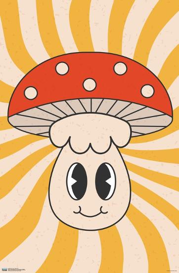 The Smile Face Mushroom by ART 096 features a whimsical cartoon character with a red cap and white spots, beaming with wide eyes against a playful yellow and beige wavy background. Its stem forms an adorable face, making it an ideal Art & Decor piece or Urban Art Poster to enhance any room's atmosphere.