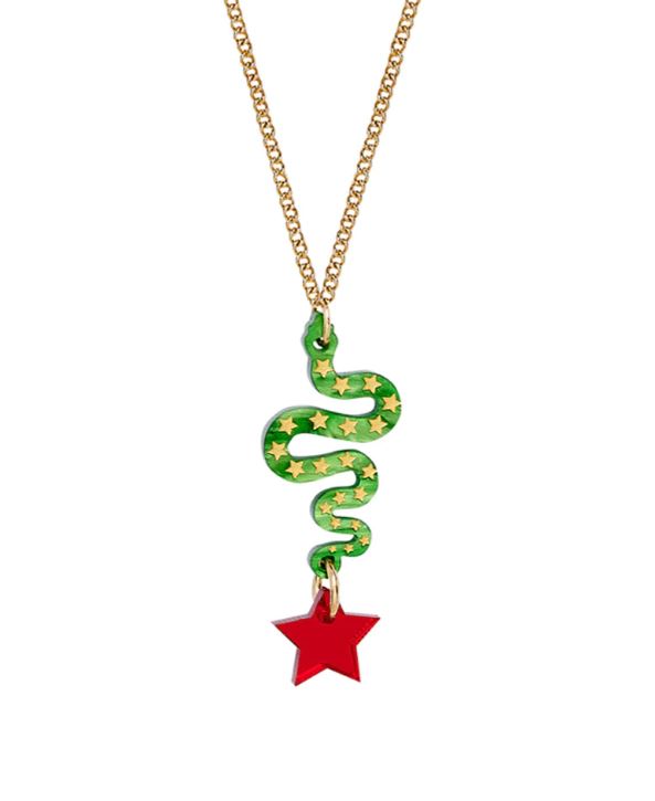 A Blue Dog Posters Lonestar Snake Pendant features a captivating green marble acrylic snake adorned with yellow stars twisting downward, ending in a striking red star-shaped charm.