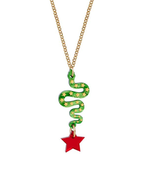 A Blue Dog Posters Lonestar Snake Pendant features a captivating green marble acrylic snake adorned with yellow stars twisting downward, ending in a striking red star-shaped charm.