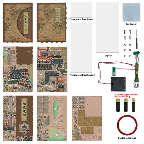 Discover the Blue Dog Posters Song Dynasty Large Book Nook Tonecheer—a DIY kit with illustrated panels, dust covers, mirror, electronic parts, and all tools needed to create a charming miniature Song Dynasty scene.