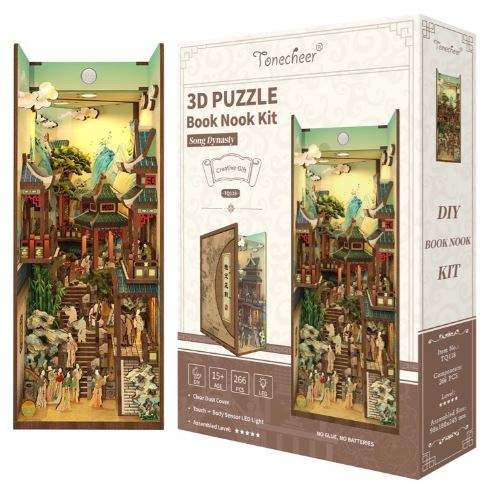 Box for the "Song Dynasty Large Book Nook Tonecheer" by Blue Dog Posters, featuring a detailed Song Dynasty diorama with buildings, figures, and trees. Box displays the completed 3D model, product info, and assembly instructions.