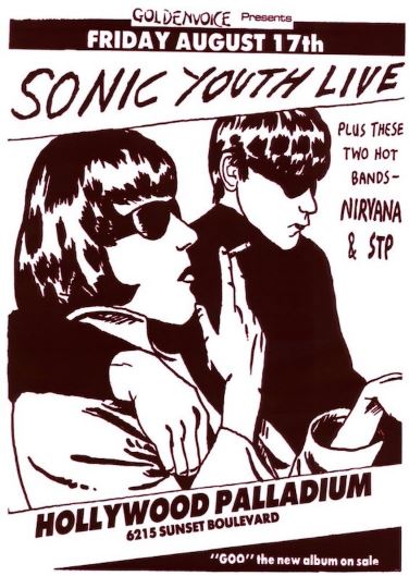 Black and white MUS 321 poster for Sonic Youth - Hollywood show on Friday, August 17th at the Palladium, featuring Nirvana and STP. Art includes two illustrated figures wearing sunglasses.