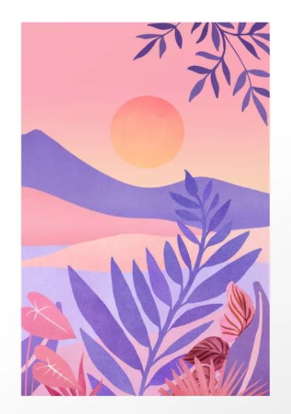 South Seas by Modern Tropical (GAL131) features a vibrant sunset over mountains with a pink and orange sky. Purple and pink foliage in the foreground adds depth, creating a tranquil, dreamlike scene that's reminiscent of an abstract plant-themed art print.