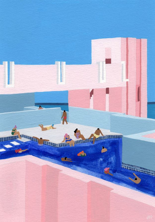 Spain Pool by Helo Birdie, available from Blue Dog Posters, illustrates a modern rooftop pool scene with swimmers and loungers amidst pink and white geometric structures. The print captures a clear blue sky on a sunny day, showcasing the premium quality of a featured artist.
