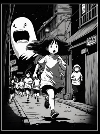 A black-and-white illustration depicts a group of children running down a narrow alley at night, their faces filled with fear. Hovering menacingly above them is a large, ghostly figure with a wide, open mouth and small eyes. This scene, brimming with urgency and suspense, is perfectly captured in the Spirited Comic 30x40cm Mini Poster printed on high quality 250gsm satin paper by Blue Dog Posters.
