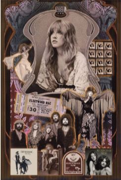 This music collection titled "Stevie Nicks" from MUS features a collage centering on a black and white portrait of a woman with long hair, bordered by band photos, concert posters, album covers, and intricate patterns. Printed on premium 150gsm gloss paper, it's ideal for those who appreciate artful presentations.