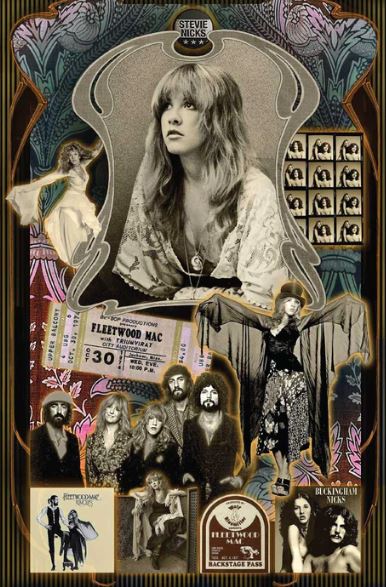 The MUS 261 Stevie Nicks Collage showcases vintage photos, concert tickets, and Fleetwood Mac images in sepia tones, creating nostalgic rock-themed wall art ideal for any fan.