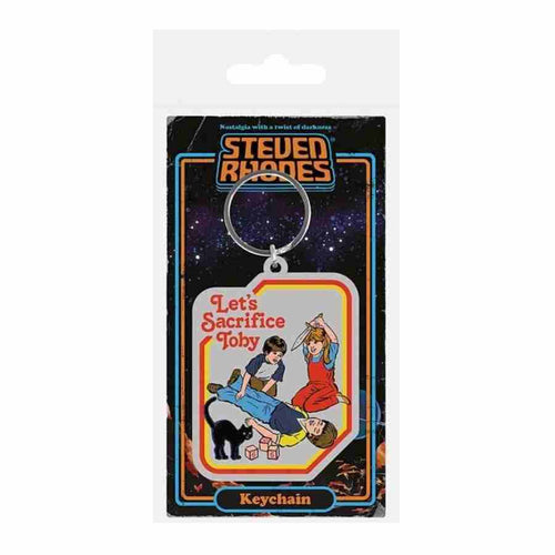 The Steven Rhodes Sacrifice Toby Keyring by Blue Dog Posters displays a vintage-style illustration of three children, with one lying down and eyes closed while the others hold daggers above. The text reads "Let's Sacrifice Toby," accompanied by a black cat against a starry background.