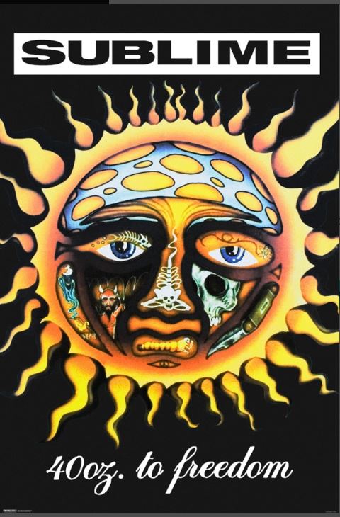 The MUS 295 psychedelic rock poster for the band Sublime showcases a yellow sun with a human face, adorned with intricate and colorful designs. "Sublime" is prominently displayed at the top while "40oz. to freedom" is positioned at the bottom, creating a vibrant and contrasting effect that enhances any music collection with its black and yellow sun rays.