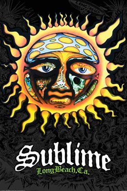 A stylized sun with a human face and tattoos radiates yellow and orange flames. Below, "Sublime - Lomg Beach Cali" from MUS 361 appears—an iconic music poster ideal for rock fans and collectors.
