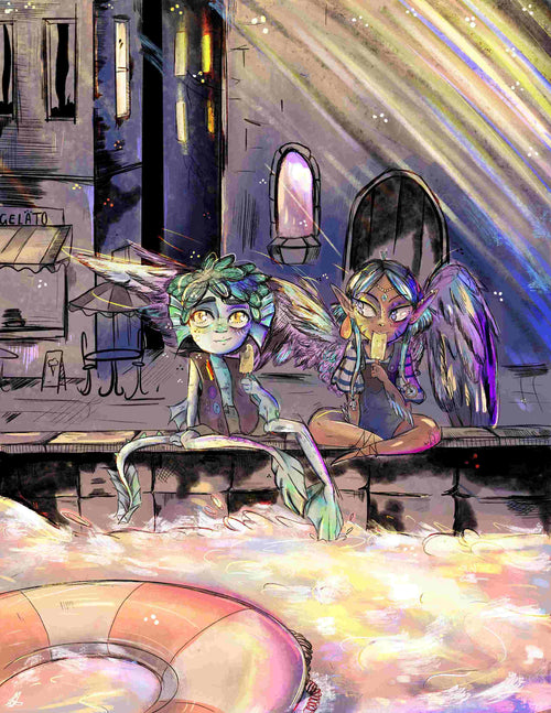 Under the enchanting night sky, two winged anthropomorphic creatures rest by a canal, illuminated by vivid beams of light from above. The water mirrors the lively colors, while a gelato shop and surrounding buildings add to the whimsical and tranquil scene. This Art Print, titled "Summer Loving" by MadDog Ink and part of fap's Featured Artists Collection, is meticulously produced on high-quality 250gsm Satin Paper.