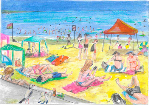 A5’s "Summer at the Beach" features a lively shore with sunbathers, swimmers, tents, and a red canopy under a clear blue sky. Three seagulls stand on a sandy path in the foreground.