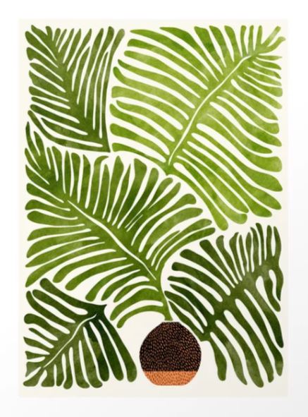 Summer Fern by Modern Tropical, from GAL142, features large overlapping green fern leaves on a white background and a small brown-orange textured shape. Printed on premium art paper, it embodies modern tropical flair to bring nature's elegance indoors.