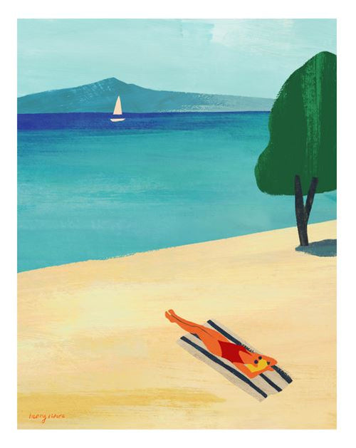 Summer Lake by Henry Rivers (GAL210M): Art Print of a person in a red swimsuit sunbathing on a striped towel by the blue lake, with green trees and distant mountains—perfect for summer vibes.
