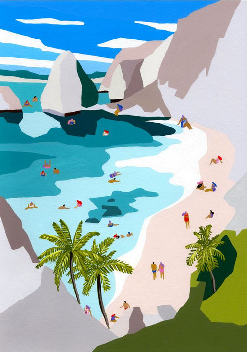 The art print "Summer" by featured artist Helo Birdie from GAL146 showcases a beach scene with turquoise waters, people swimming and relaxing on the white sand, large rocks in the background, and two palm trees in the foreground under a clear blue sky.