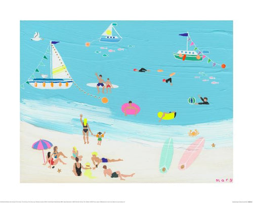 The Mary Donald (Sunshine Cove) art print from GAL218 features a colorful beach scene with people lounging, swimming, two sailboats on the ocean surrounded by umbrellas and surfboards. Part of our Decor Series Collection, it's printed on premium Matte Art Paper for lasting beauty.