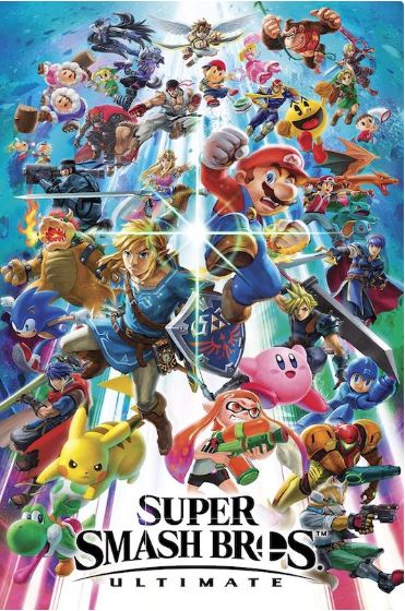 Cover art for "Super Smash Bros Ultimate" by GAM 060 shows Mario, Link, Pikachu, Kirby, and more Nintendo characters in dynamic poses against a glowing starburst background. The title appears at the bottom.