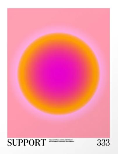 A vibrant, circular gradient in the center transitions from bright pink to deep pink with an orange halo against a light pink background. As an art print by Tiger Spirit for the fap brand, the word "SUPPORT" and the number "333" are boldly displayed at the bottom in black text, along with smaller text that isn't clearly legible.