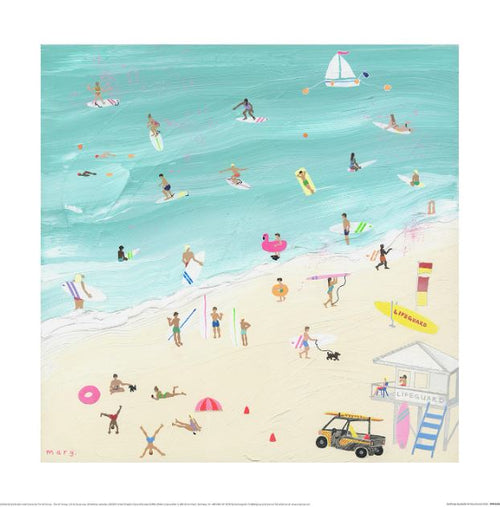 An illustration from Mary's "Surfs Up Australia" by GAL232 depicts swimmers, surfers, and beachgoers enjoying turquoise waters. Printed on premium Matte Art Paper, it shows people relaxing near a lifeguard hut and vehicle on the sandy shore, with a sailboat in the distant sea.