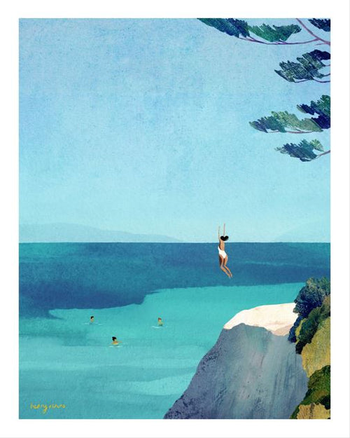 Sea Swim Leap by Henry Rivers, from GAL210G, shows a person jumping off a white cliff into a blue sea with swimmers below and green trees nearby, capturing the excitement and beauty of a sunlit day.
