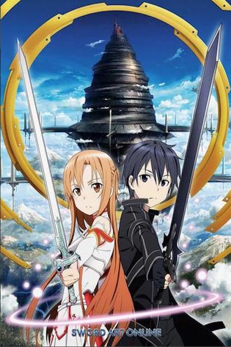 Presenting "Sword Art Online Duo" by MTV 085: An anime poster featuring two characters back-to-back, each holding a sword. The female character sports long, light brown hair and wears a white outfit, while the male character has short, dark hair and dons a black outfit. In the background stands an elaborate tower. Text reads: "Sword Art Online." Printed on premium 150gsm gloss paper, this stunning piece of Japanese animation is perfect for any fan.