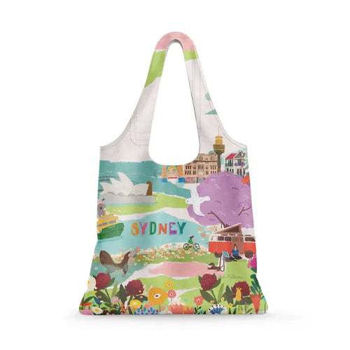 The Sydney Icons Reusable Shopping Bag by Blue Dog Posters is a colorful, eco-friendly tote featuring illustrated landmarks like the Opera House and Harbour Bridge, "SYDNEY" in bold letters, and a unique reusable design.