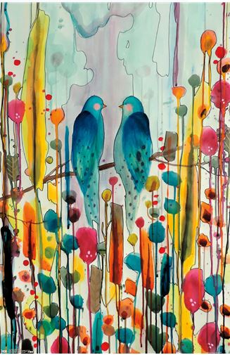 The "Sylvie Demers - Birds" poster by ART 012 showcases two blue birds resting on a branch amidst vivid abstract foliage and flower-inspired patterns. The background features gentle, watercolor-like washes in shades of teal, pink, and yellow, making it an ideal piece for enhancing any space with Art & Design Decor.