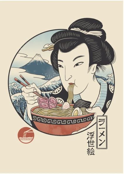 Taste of Japan by Vincent Trinidad from Blue Dog Posters showcases a traditional Japanese Ukiyo-e style artwork featuring a person with styled hair enjoying ramen with chopsticks. The background depicts Mount Fuji along with a beautiful scenic landscape, while Japanese text and a logo displaying a bowl of steaming ramen complete the design.