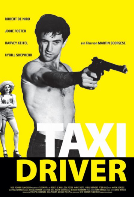 Here's a description of the poster using the provided product data:
A stylized poster for "Taxi Driver" by MTV 075 features a shirtless man with a gun, set against a vivid yellow background. To one side, there is a woman in a mini skirt. Bold white text displays the movie title and cast names.