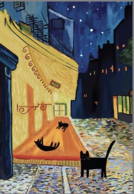 Vincat Terrace by Nia Gould from fap: Stylized street scene at night with three black cats on a large orange rug. The street is lined with buildings under a starry sky, featuring dominant yellow and blue tones.