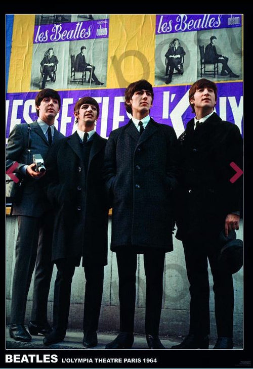 Four young men stand together in front of a wall covered with posters featuring the text "les Beatles." Dressed in dark coats and ties, they gaze upwards. The image is labeled "BEATLES L'OLYMPIA THEATRE PARIS 1964" at the bottom, printed on premium 150gsm gloss paper. This poster, titled "Beatles Paris 1964" by MUS 147, is a must-have for any rock poster collection.